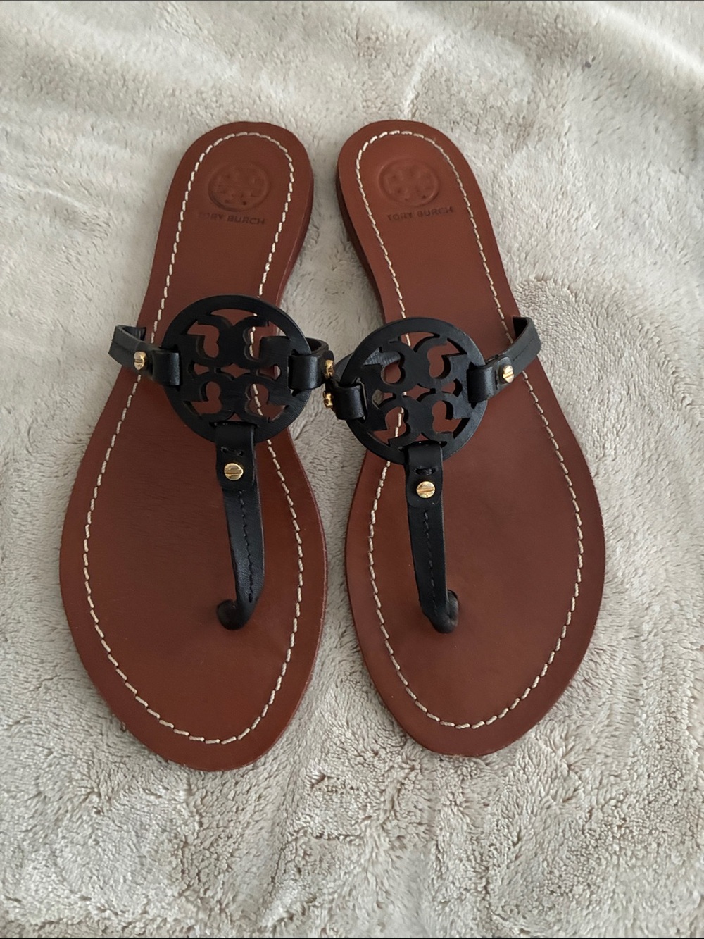 Tory Burch Black Logo Thong Sandals with Brown Footbed